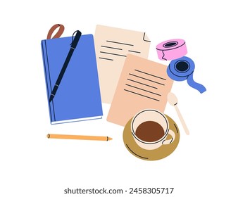 Notebook, pen, paper sheets, pages with notes, work records. Notepad, planner, sketchbook and coffee cup, abstract workplace composition. Flat vector illustration isolated on white background