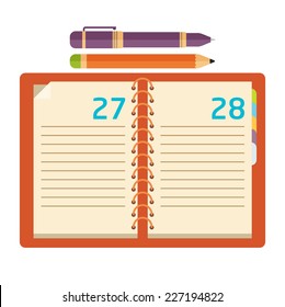 Notebook with pen and pencil. Flat design.