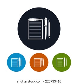 Notebook with the pen and a pencil icon, the four types of colorful round icons, vector illustration