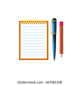 Notebook with a Pen and Pencil, Jotter Isolated on White Background, Office Equipment, Vector Illustration 
