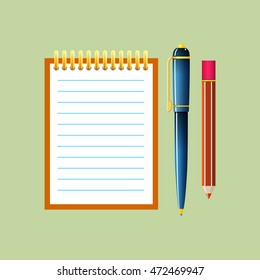 Notebook with a Pen and Pencil, Jotter Isolated on Green Background, Office Equipment, Vector Illustration