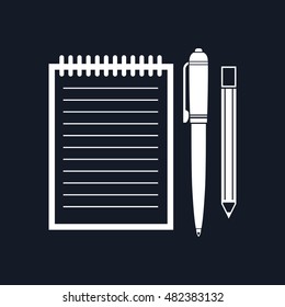 Notebook with a Pen and Pencil, Jotter Isolated on Black Background, Office Equipment, Vector Illustration 