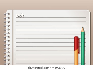 Notebook, pen and pencil on brown table, vector illustration