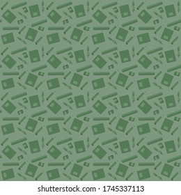 Notebook, pen, pencil, ruler, eraser - pattern green colors. Vector stock illustration for print industry school stationery for schoolchildren, back to school collection, web design. EPS10