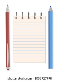 Notebook, pen and pencil, vector illustration isolated on white background, blue stripe on notebook`s paper, items for notifications, chancery stuff