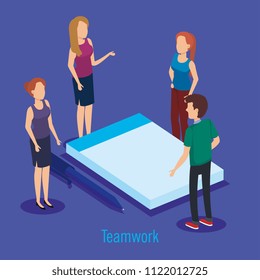 notebook and pen with people isometric