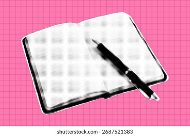 Notebook with pen retro halftone collage