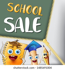 Notebook pen and ruler funny characters vector illustration watercolor style