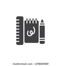 Notebook pen and ruler vector icon. filled flat sign for mobile concept and web design. Drawing tools glyph icon. Symbol, logo illustration. Pixel perfect vector graphics