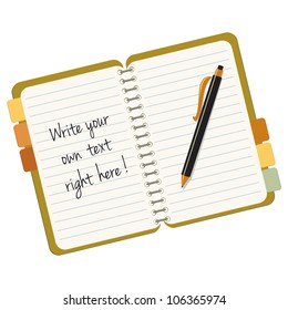 Notebook with pen and sample text