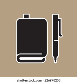 Notebook and pen silhouettes, isolated on grey background.