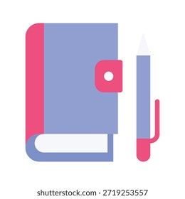 Cuaderno con Ilustración vectorial de papelería de la pluma, icono de estilo plano.