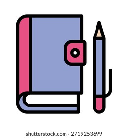 Cuaderno con Ilustración vectorial de papelería de la pluma, icono de estilo lleno.