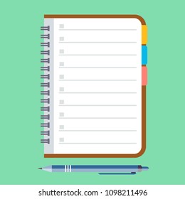 Notebook and pen. Stock flat vector illustration.