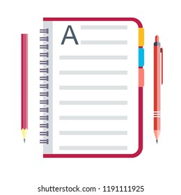 Notebook and pen. Stock flat vector illustration.