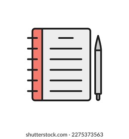 Icono de línea delgada para bloc de notas y bolígrafo. Símbolo lineal de color. Ilustración vectorial.