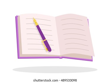 Notebook with pen vector illustration. Flat design. Opened notepad with empty page and classic pen. Stationery for notes. Personal diary. For study, organization concepts. Isolated on white background