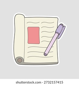 Notebook and pen vector sticker. Hand-drawn illustration with a sticky note for studying, planning, and writing themes
