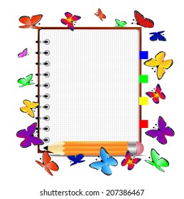 notebook, pencil and butterfly, vector illustration