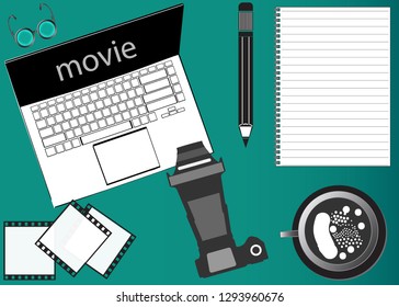 Notebook, pencil, camera on a lime background