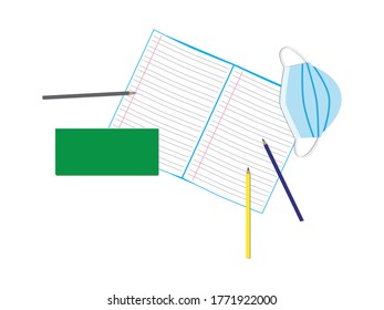 Notebook, Bleistift, bunte Stifte und Gesichtsmaske auf weißem Hintergrund