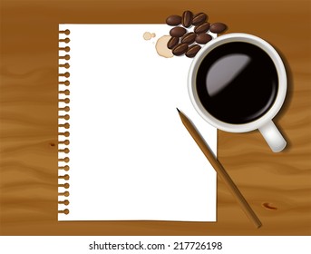 notebook with pencil and a cup of coffee on wooden table