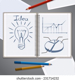 Notebook with pencil drawing chart graph and lightbulb success business strategy plan concept idea. Abstract infographic workflow layout diagram step up options template design