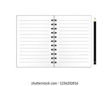 Notebook with a pencil for education, business. Product for a book with paper and concept. Empty space for text. Vector on wooden background