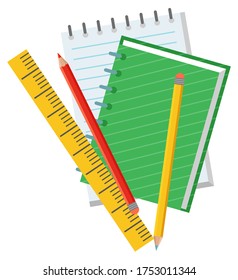 Notebook and pencil, empty paper and ruler. School objects, chancellery or education accessory, textbook sign, educational element, science vector. Back to school concept. Flat cartoon