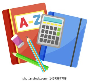 Notebook and pencil with eraser, calculator sign. Mathematical equipment, counting objects, geometry or algebra element, office accessory, school vector. Back to school concept. Flat cartoon