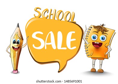 Notebook and pencil funny characters illustration watercolor style