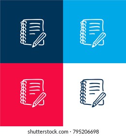 Notebook and pencil hand drawn writing tools four color material and minimal icon logo set in red and blue