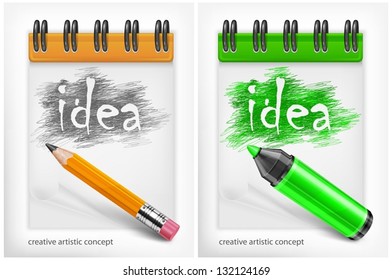 Notebook with pencil, highlighter and word idea, vector illustration. Vector Illustration.