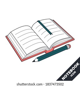 Notebook and pencil icon. 3D vector illustration in flat style isolated on white background. Editable strokes.