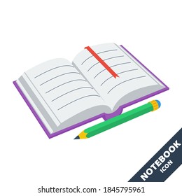 Notebook and pencil icon. 3D vector illustration in flat style isolated on white background.