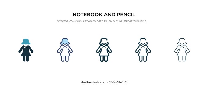 notebook and pencil icon in different style vector illustration. two colored and black notebook and pencil vector icons designed in filled, outline, line stroke style can be used for web, mobile, ui