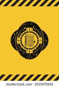notebook with pencil icon grunge black emblem with yellow background, warning sign. Vector Illustration. Detailed. 