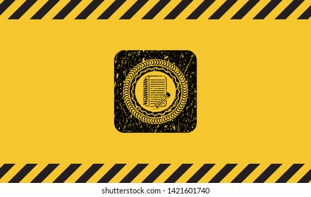notebook with pencil icon grunge warning sign emblem. Vector Illustration. Detailed.