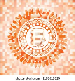 notebook with pencil icon inside abstract emblem, orange mosaic background