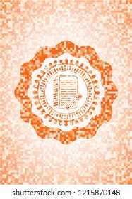 notebook with pencil icon inside abstract orange mosaic emblem