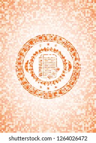 notebook with pencil icon inside abstract emblem, orange mosaic background