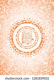 notebook with pencil icon inside abstract orange mosaic emblem with background