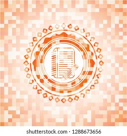 notebook with pencil icon inside abstract orange mosaic emblem