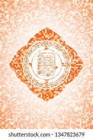 notebook with pencil icon inside abstract orange mosaic emblem