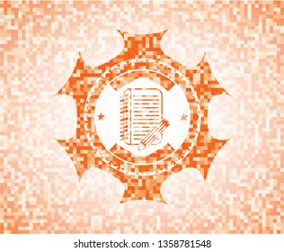 notebook with pencil icon inside abstract orange mosaic emblem with background
