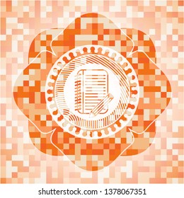 notebook with pencil icon inside abstract orange mosaic emblem