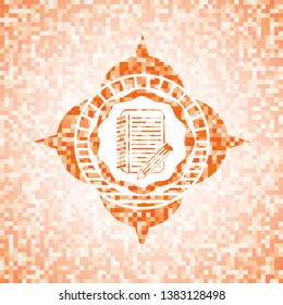 notebook with pencil icon inside abstract orange mosaic emblem with background