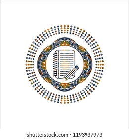 notebook with pencil icon inside arabesque emblem background. arabic decoration.