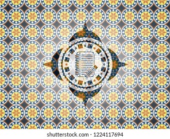 notebook with pencil icon inside arabesque emblem background. arabic decoration.