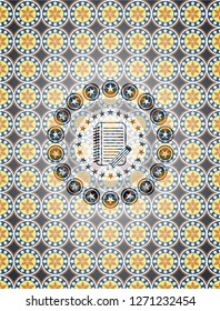 notebook with pencil icon inside arabesque emblem. arabic decoration.